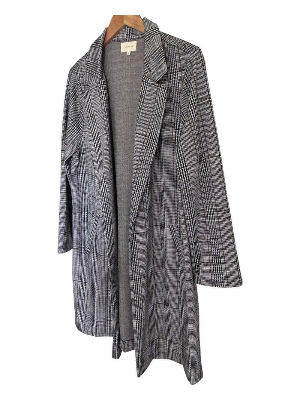 MELLODAY Black Gray Houndstooth Preppy Plaid Open-Front Blazer Duster Sz L - Picture 3 of 9